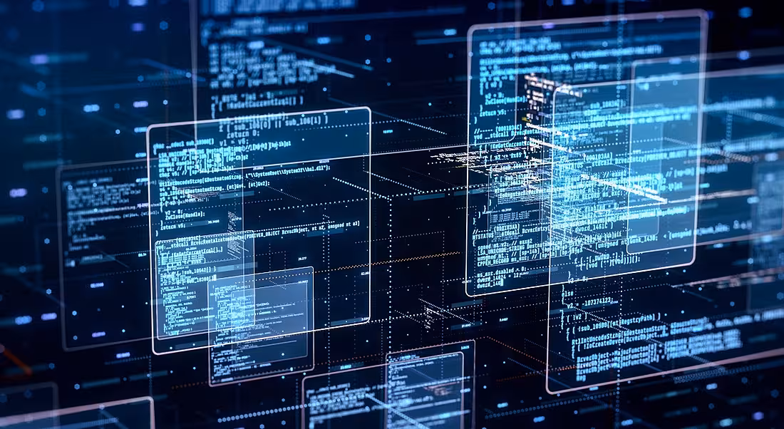 A blue 3D rendering of programming languages to indicate software development skills.