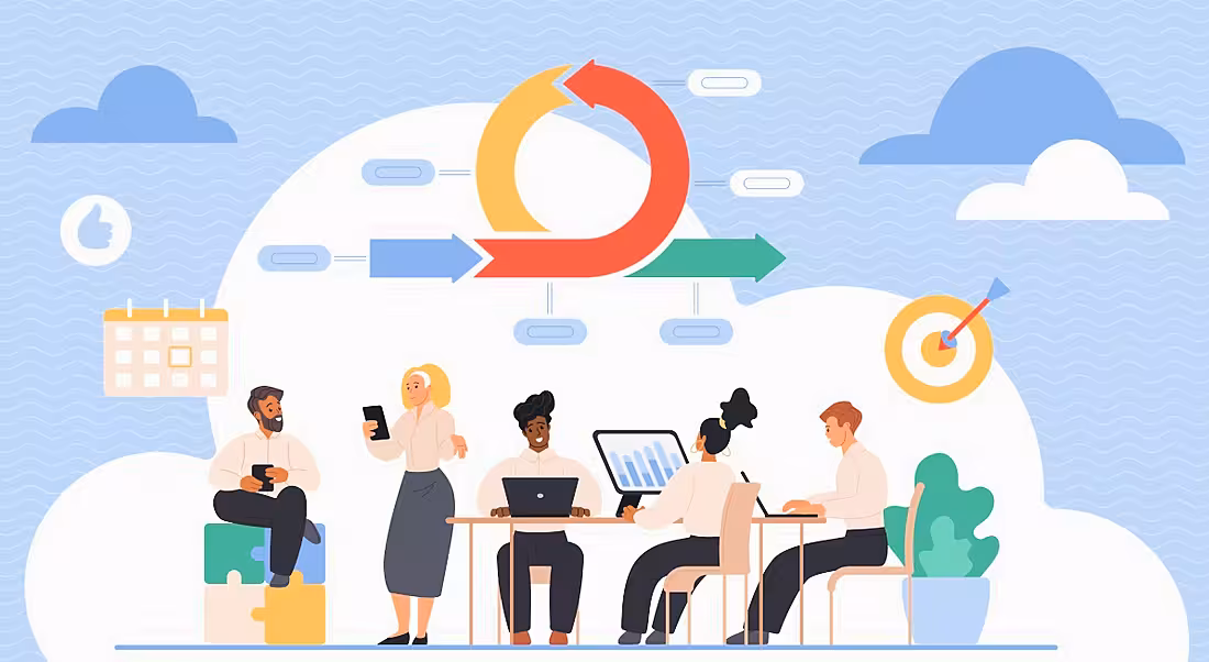 A diverse group of cartoon people surrounded by agile working icons.