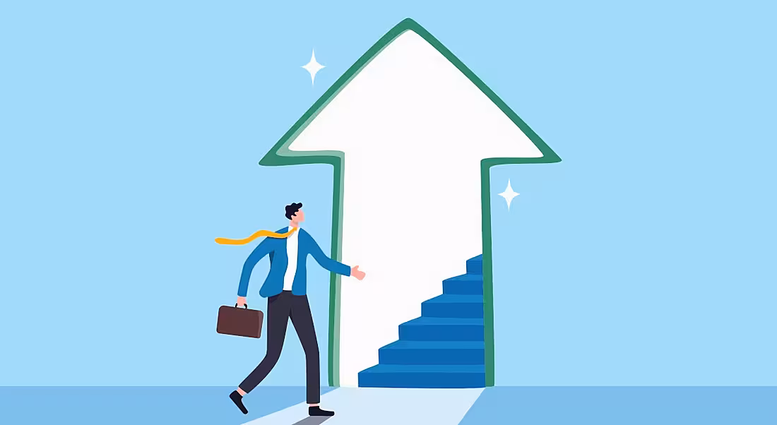 A cartoon man walks towards an open door made out of an upwards arrow, indicating new jobs.