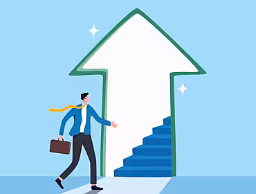 A cartoon man walks towards an open door made out of an upwards arrow, indicating new jobs.
