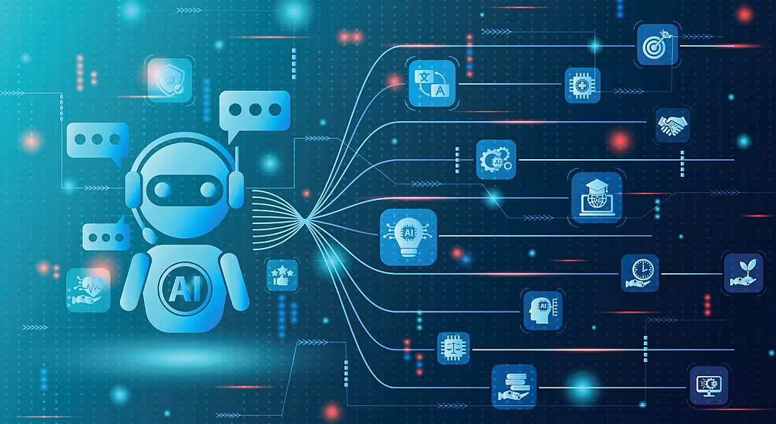 A 3D rendering of a robotic AI-agent and the icons associated with advanced AI.