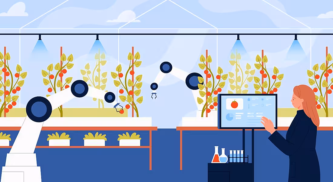 A cartoon woman working with agritech automated robots in a greenhouse.