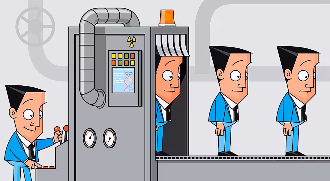 Cartoon business men are cloned through a machine operated by the original subject.
