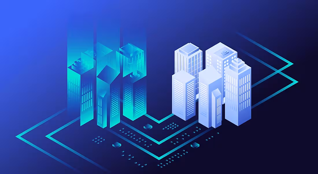 A colourful rendering of a 3-D building and its digital twin.