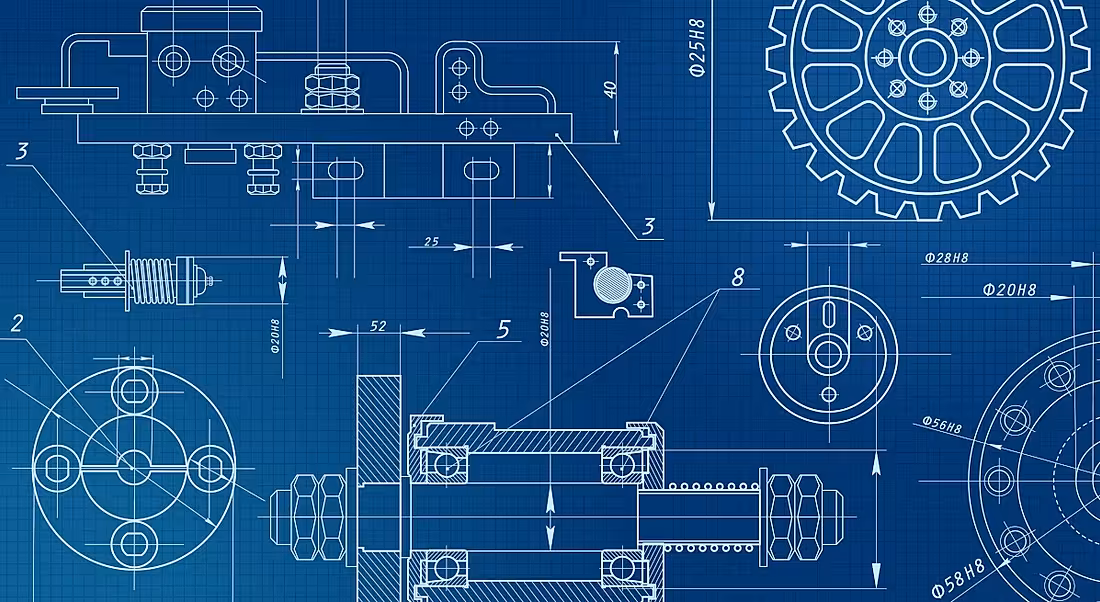 A 3D blue rendering of engineering blueprints.