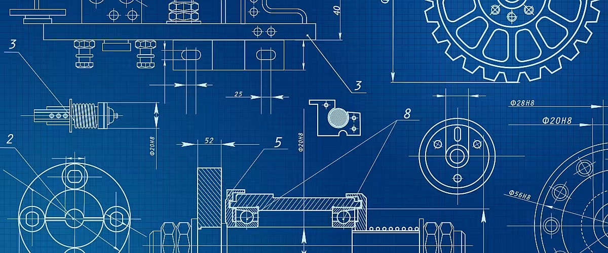 A 3D blue rendering of engineering blueprints.