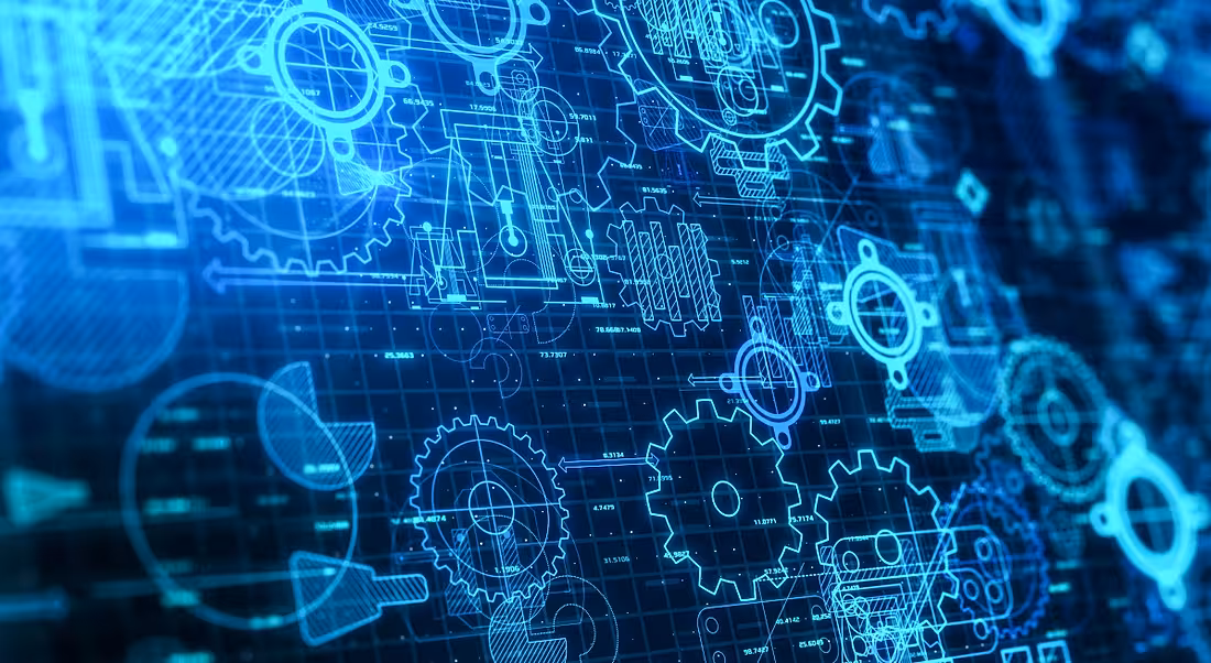 A blue rendering of iconography related to the engineering sector.