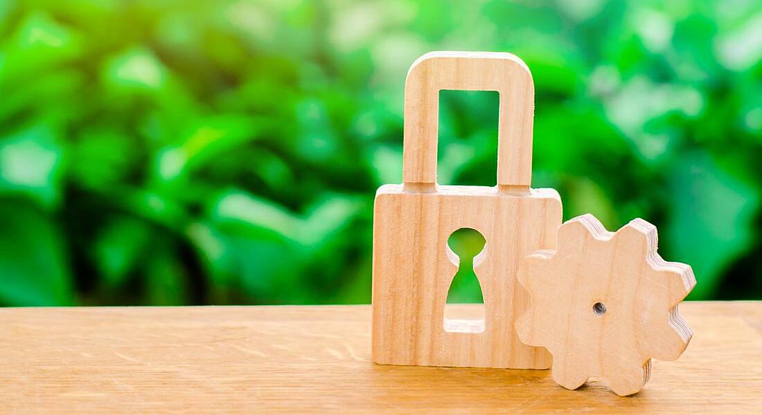 A wooden padlock and cog on a table with plants in the background.