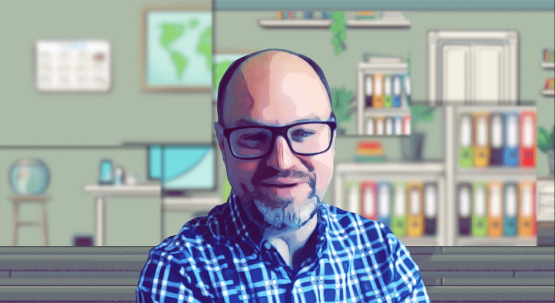 An illustration of James Milligan speaking on a video call with a home office visible in the background.