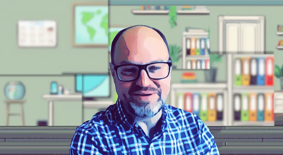 An illustration of James Milligan speaking on a video call with a home office visible in the background.