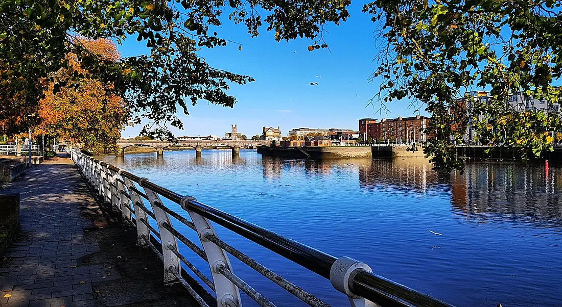 Limerick city skyline by the River Shannon on a sunny day.