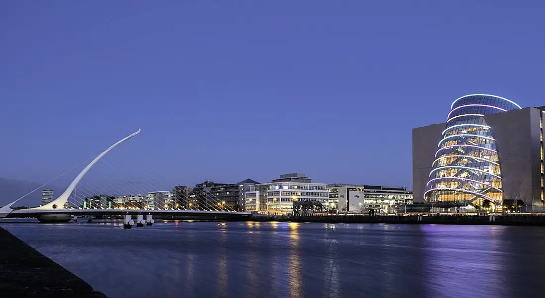 View of Dublin River Liffey at night.