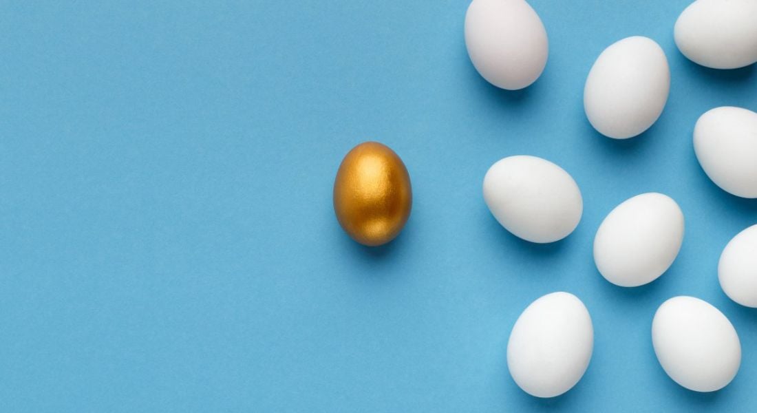 White eggs are spread out on a blue background with one golden egg in the middle, symbolising great leaders.