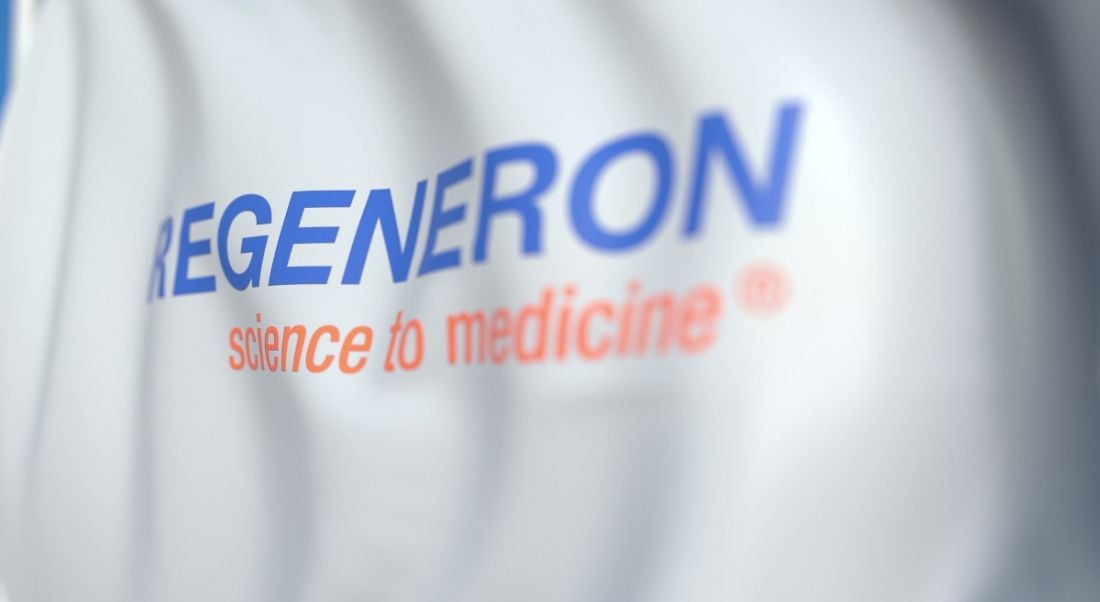 Waving flag with Regeneron logo.