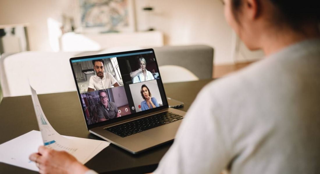 Group of business people working from home on a video call.