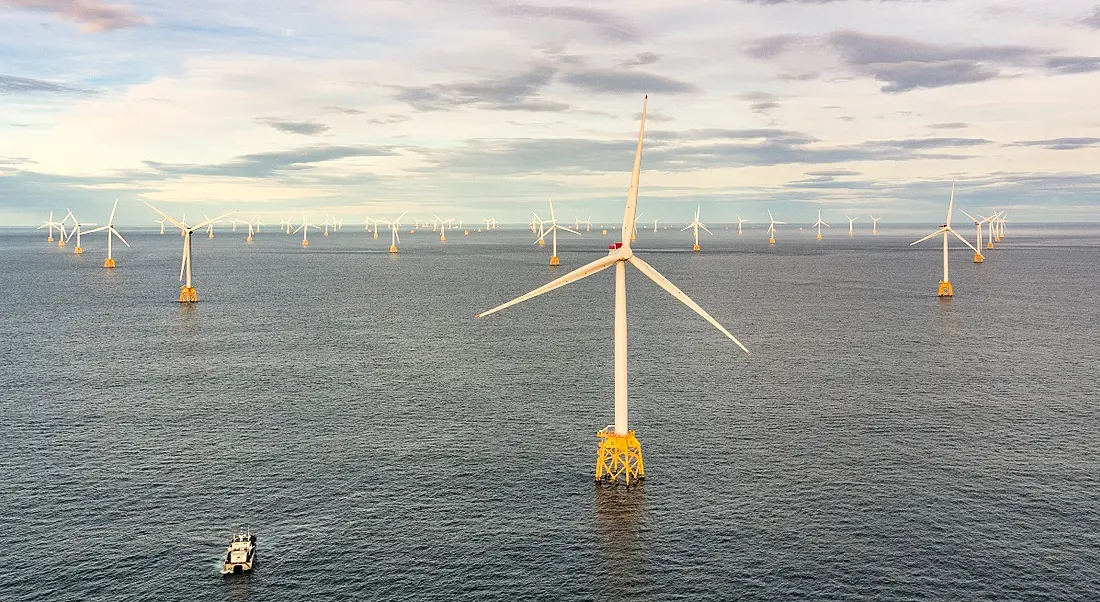 Wind turbines are dotted across a section of the ocean at a windfarm.