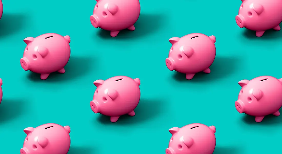 Bright pink piggy banks are sitting against a turquoise background.