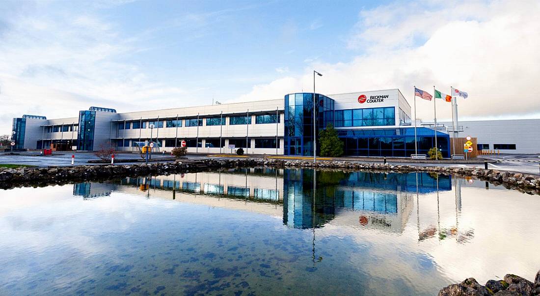 The Beckman Coulter facility against a bright blue sky in Tulla, Co Clare.