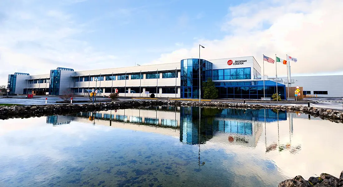 The Beckman Coulter facility against a bright blue sky in Tulla, Co Clare.