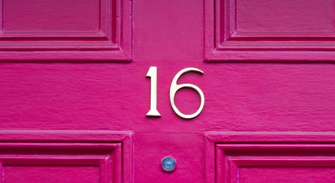 The number 16 on a bright pink front door.