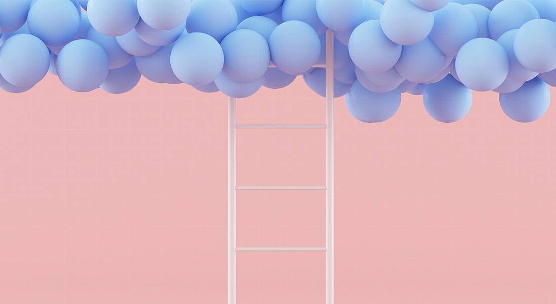 White ladder on a pink background leading up to blue balloons, symbolising moving up to the future of work.