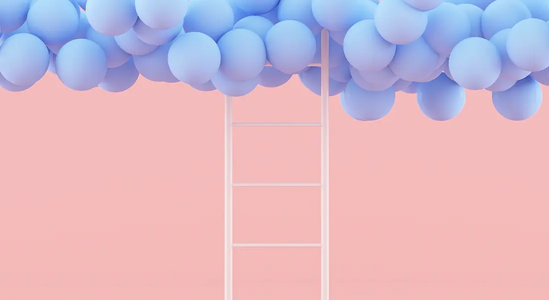 White ladder on a pink background leading up to blue balloons, symbolising moving up to the future of work.