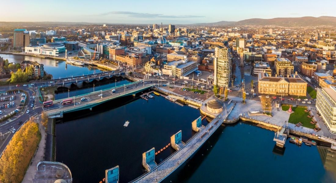 Aerial view of Belfast city in Northern Ireland.