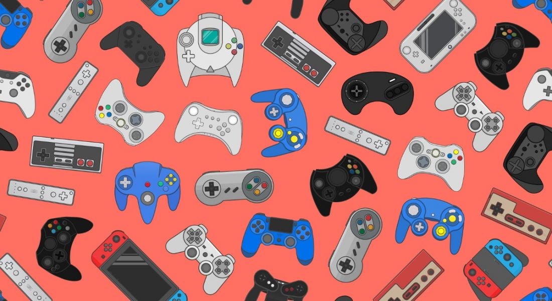Illustration of colourful collection of video game controllers against a bright red background.