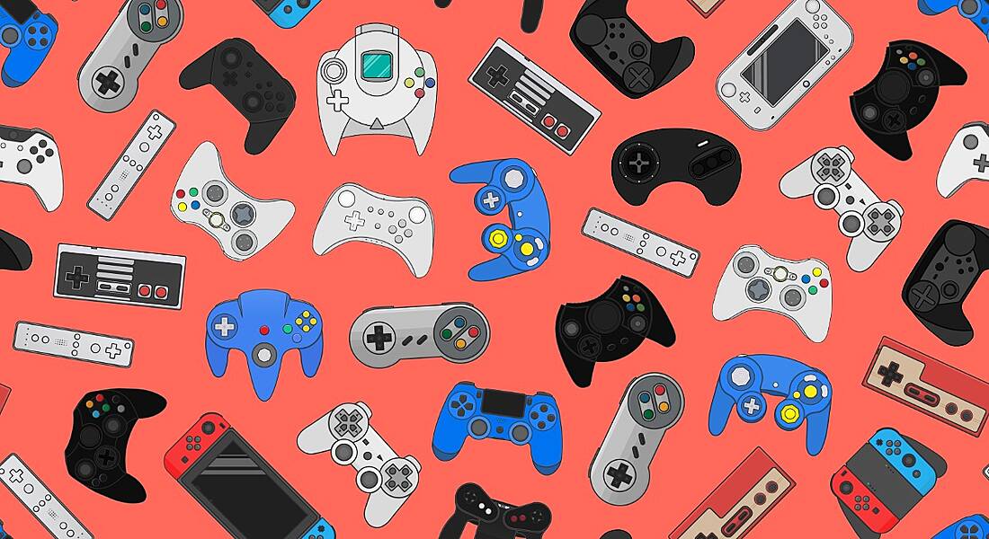 Illustration of colourful collection of video game controllers against a bright red background.