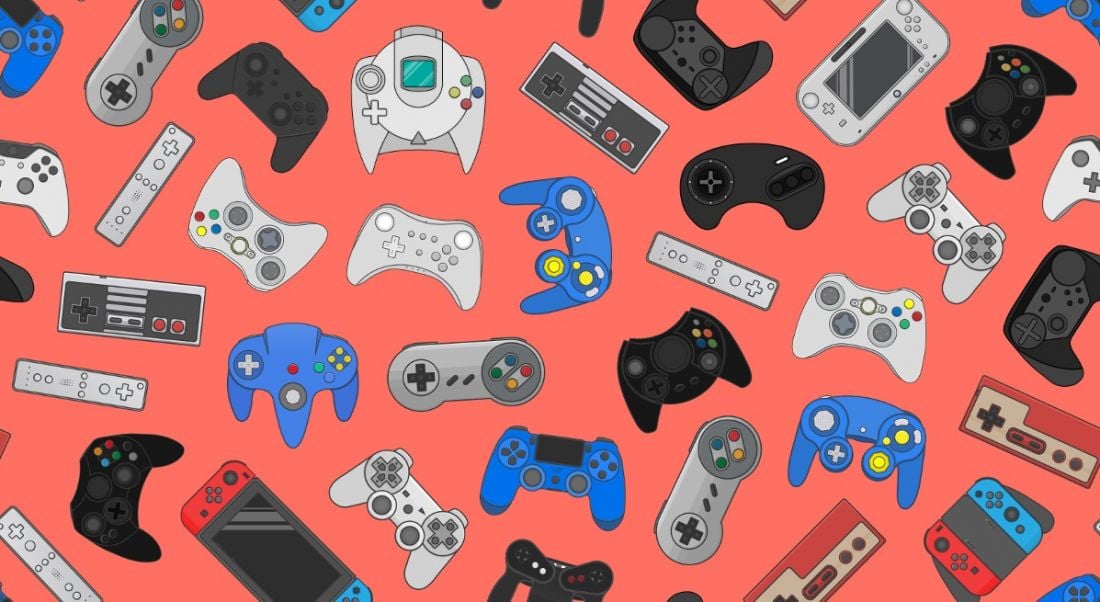 Illustration of colourful collection of video game controllers against a bright red background.