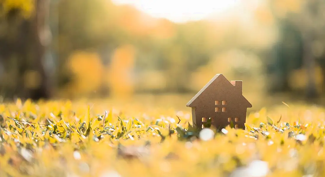 A little wooden house is placed in a sunlit field.