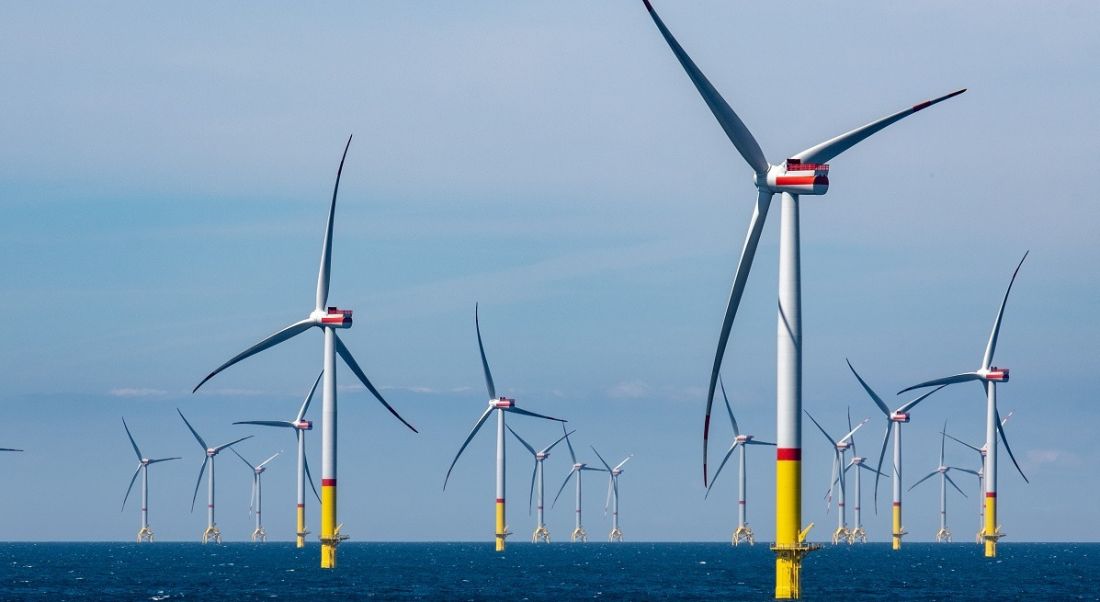 More than a dozen wind turbines at an offshore wind farm.