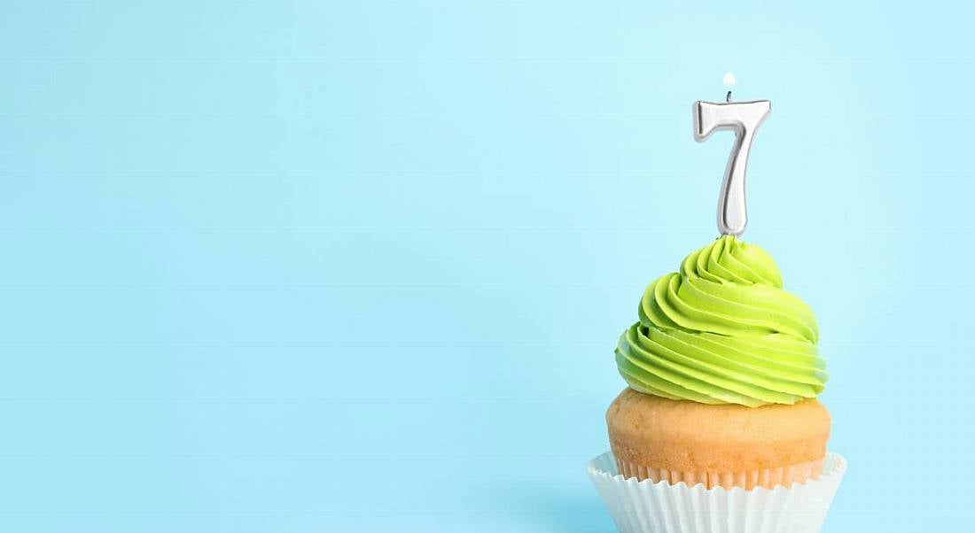 Birthday cupcake with number seven candle on blue background.