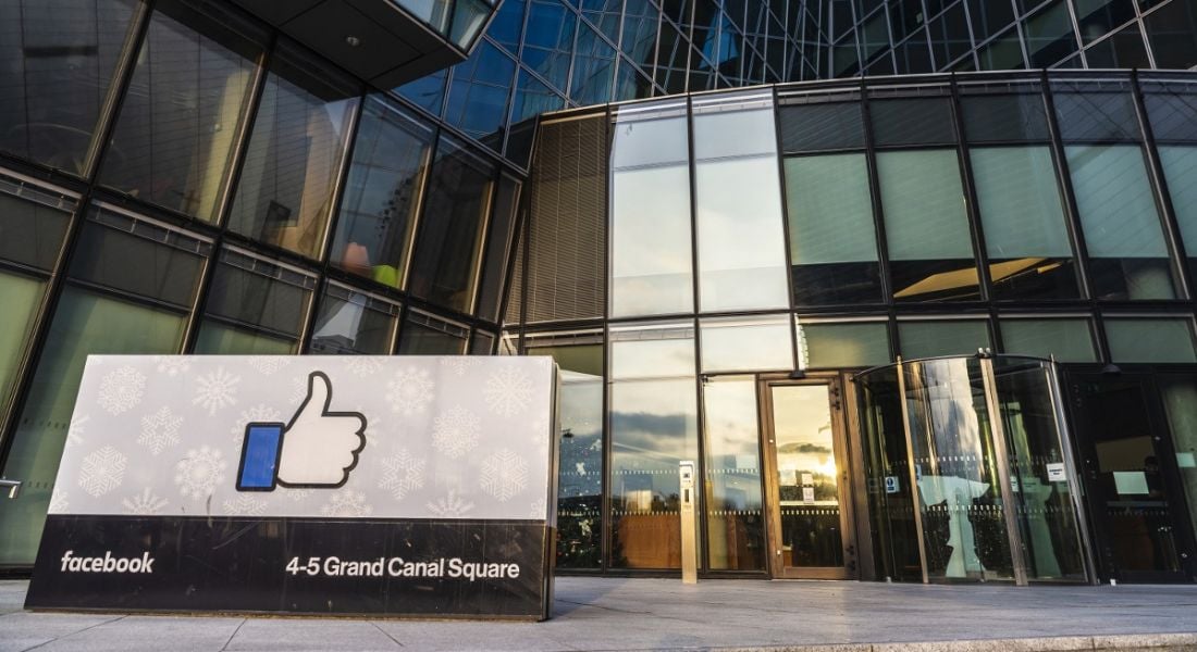 Logo of Facebook headquarters, office building in Grand Canal Square, Dublin.