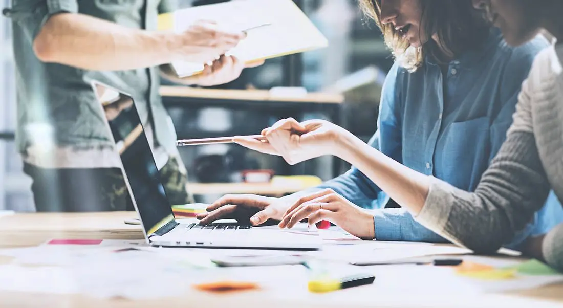 Digital employees working together on a laptop in an office.