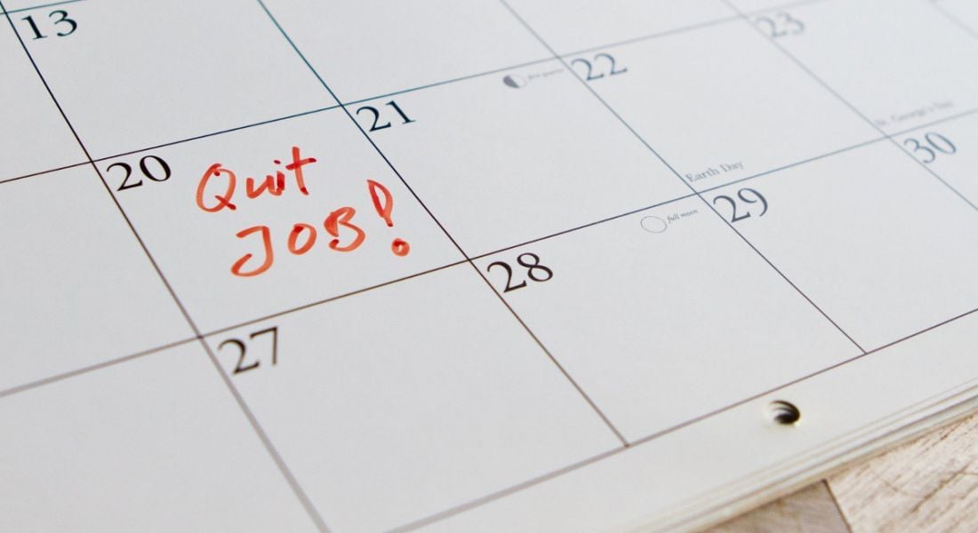 A calendar page showing a date marked with a reminder to quit job.