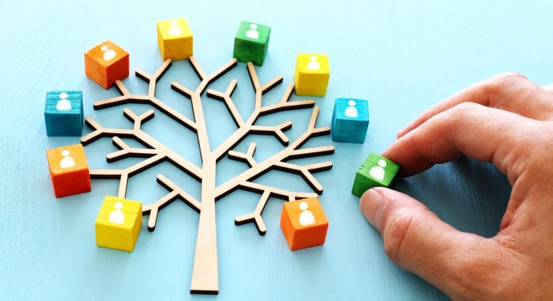 Light blue background featuring a hand organising colourful wooden blocks with people icons around the branches of a wooden tree.