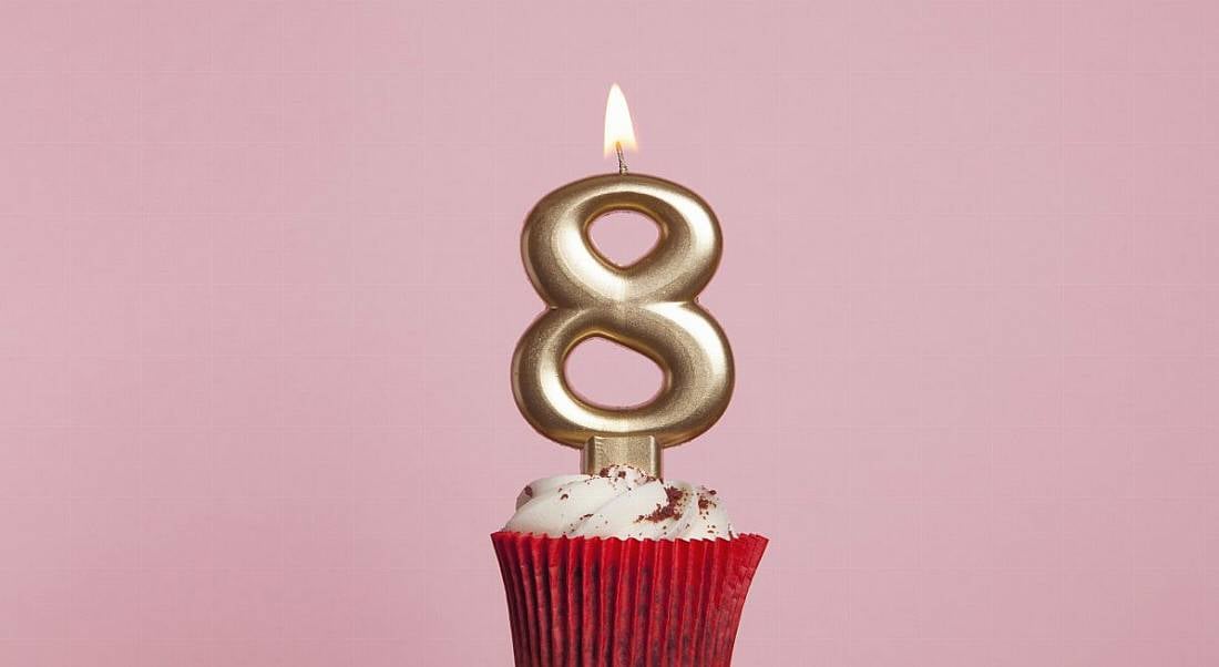 Number 8 gold candle in a cupcake against a pastel pink background.