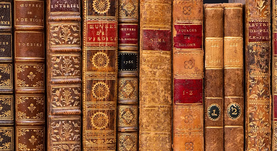 Old-fashioned books lined up on a shelf.