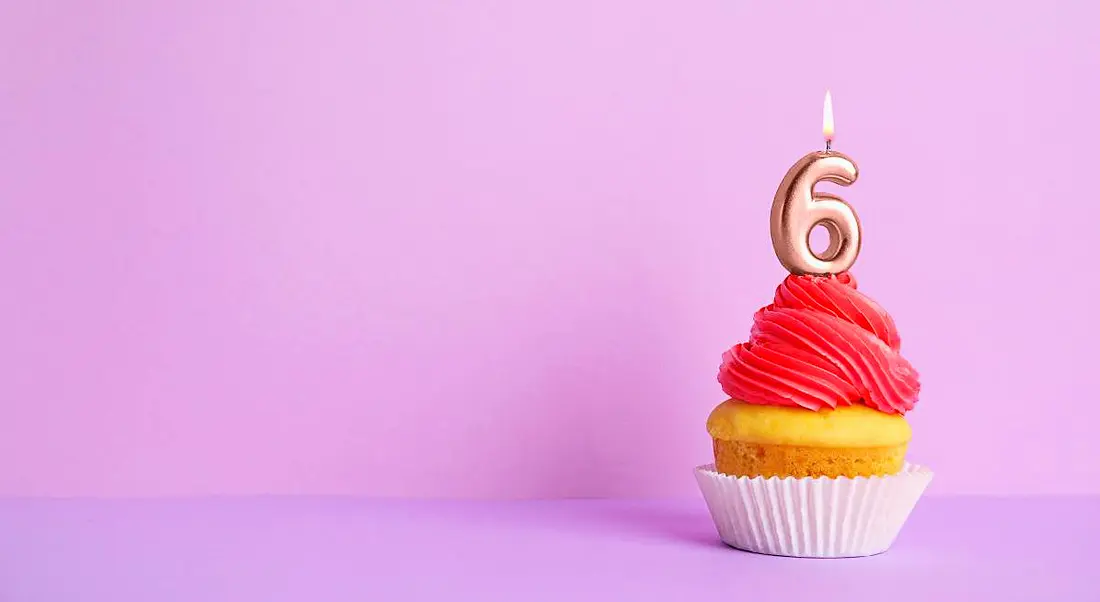 Birthday cupcake with number six candle, against a violet background.