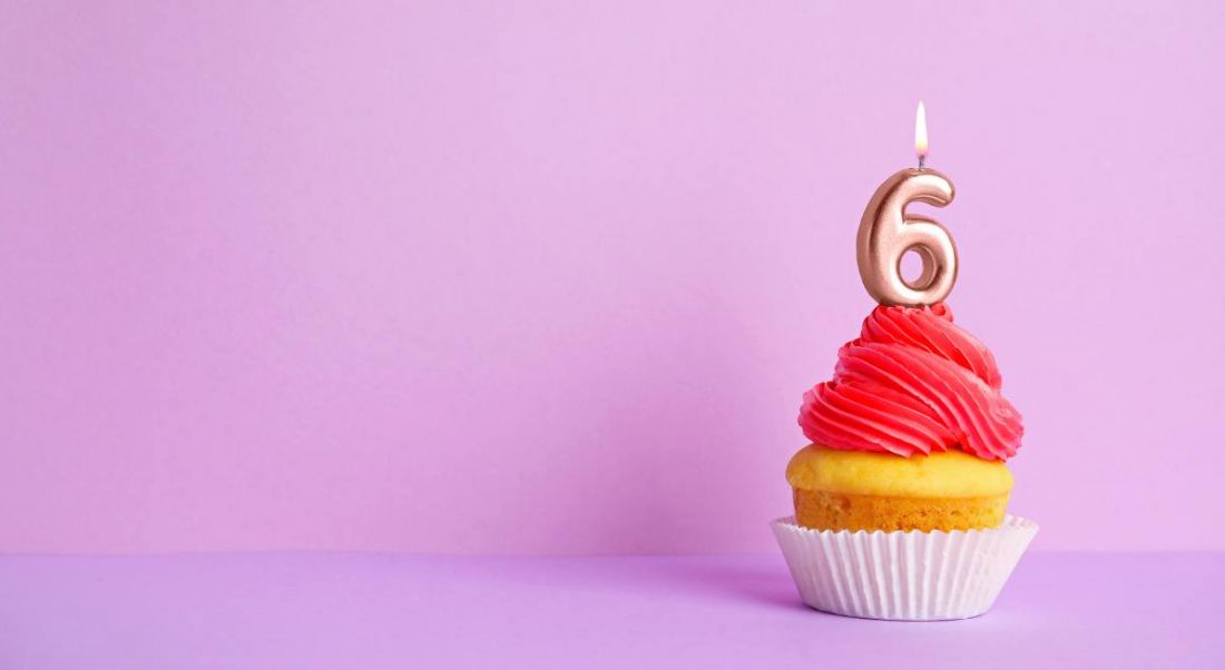 Birthday cupcake with number six candle, against a violet background.