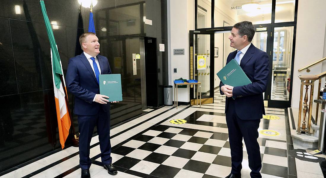 Minister Paschal Donohoe and Minister Michael McGrath at Government Buildings for the Budget 2021 announcement.