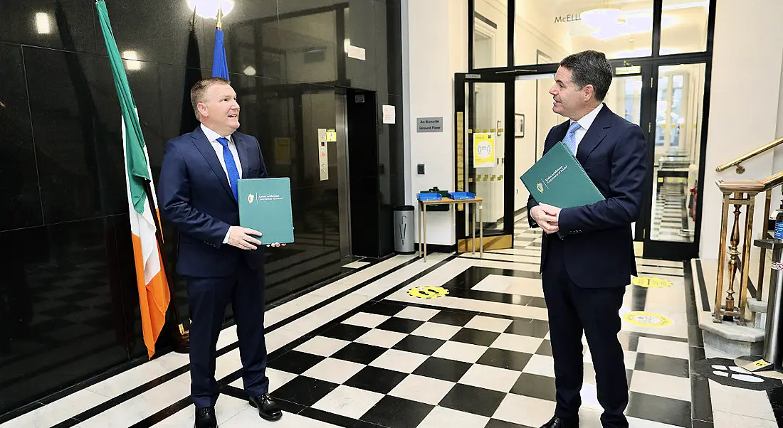 Minister Paschal Donohoe and Minister Michael McGrath at Government Buildings for the Budget 2021 announcement.