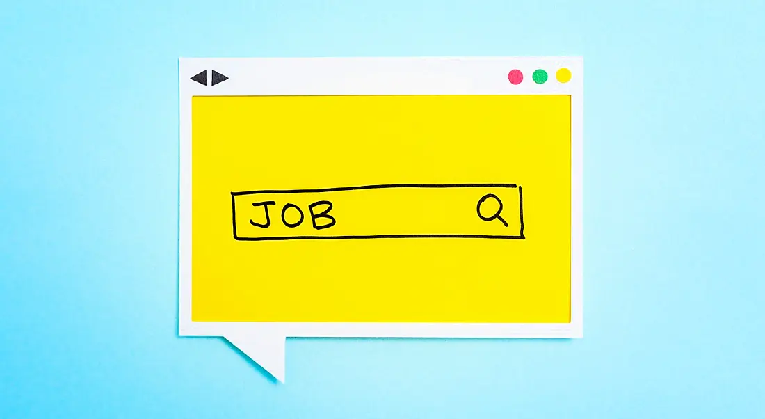 Paper drawing of a search bar being use to look for new jobs against a pale blue background.