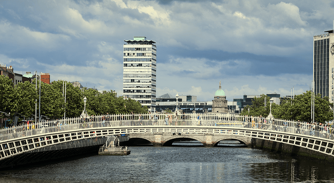 The Liffey river in Dublin, with bridges and buildings in the background.