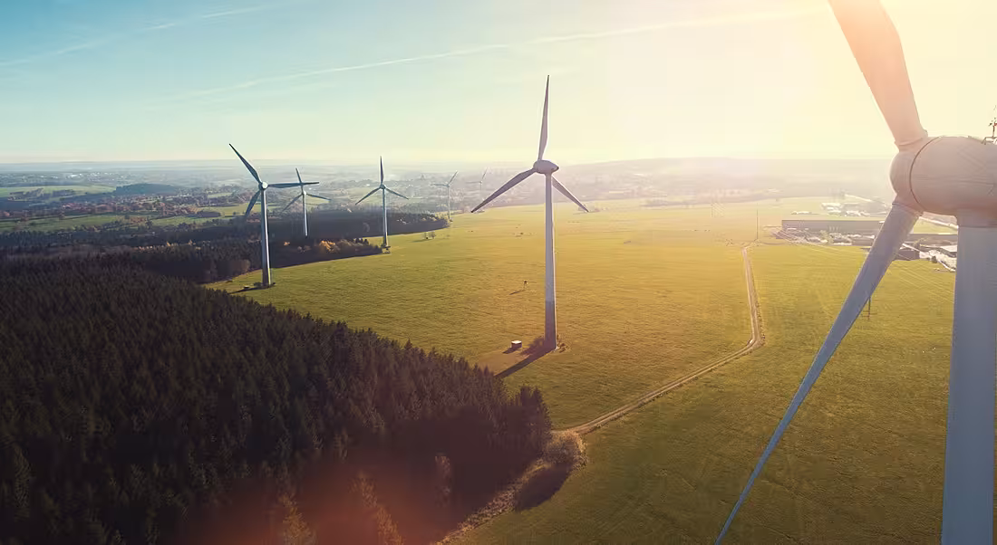 Wind turbines and agricultural fields on a sunny day.