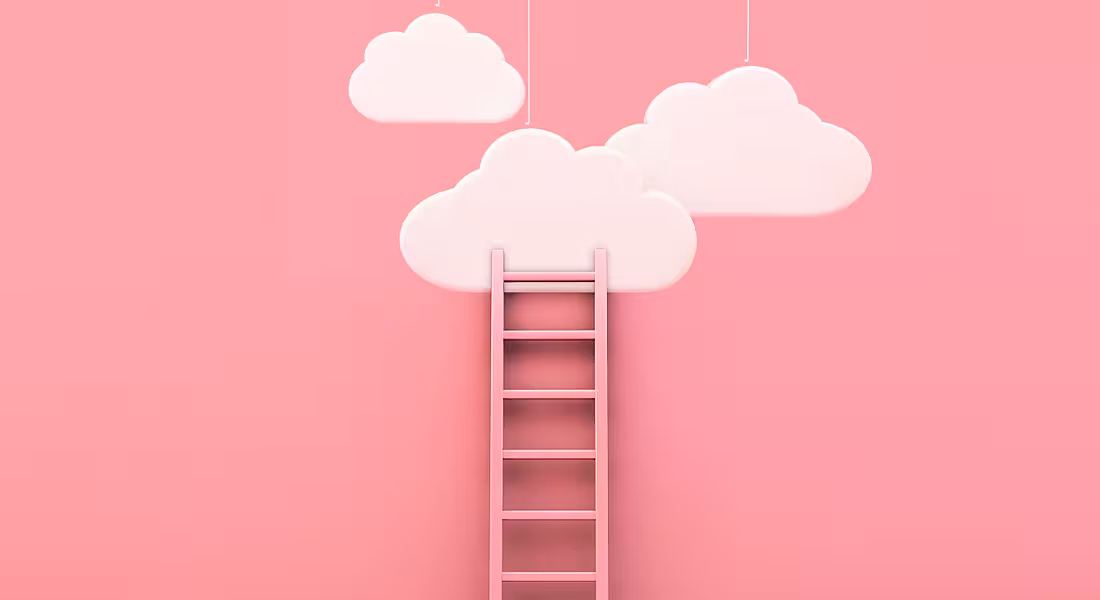 Ladder against a pink wall leading to clouds above it.