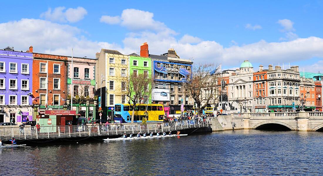 Colourful buildings along the banks of the River Liffey in Dublin city centre, Ireland.