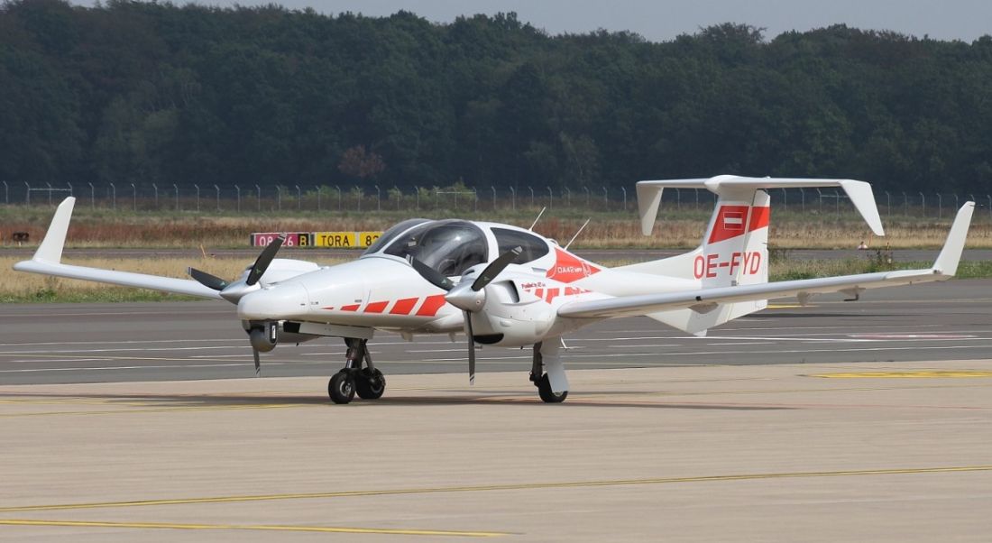 The DA42 multi-purpose aircraft purchased by Green Rebel Marine is on a runway at Cork Airport.