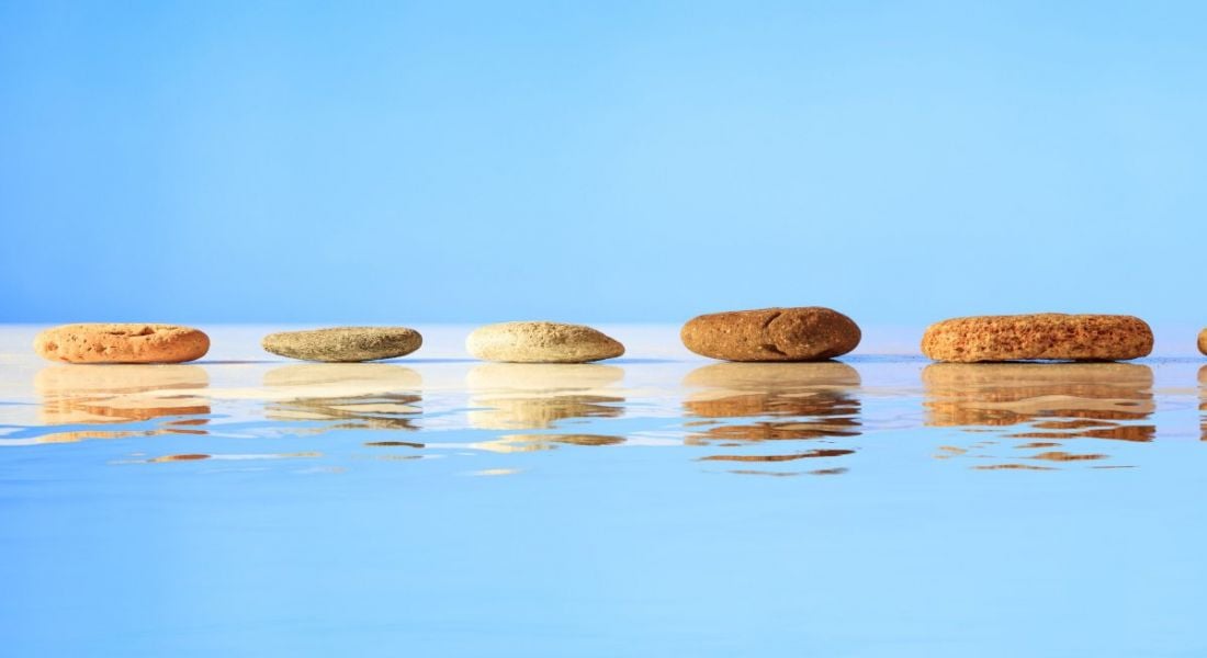 A pathway of stepping stones on a blue background, symbolising pathway programmes like those offered by Skillnet Ireland.